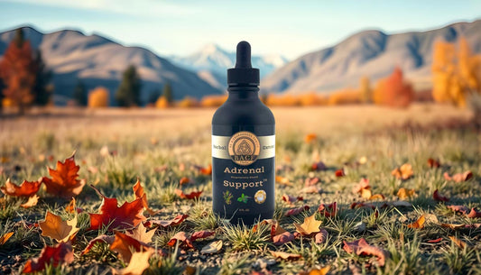 Bottle of Adrenal Support™ on a grassy meadow with stunning mountains in the background showing falls colors throughout